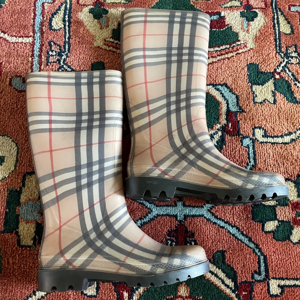 BURBERRY Rubber Plaid Print Rain Boots